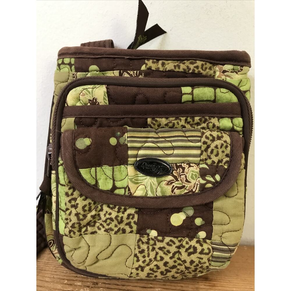 Donna Sharp Brown Green Cotton Quilted Pocket Small Shoulder Bag Travel Purse
